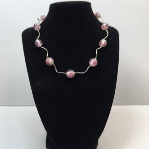Necklace Pink Floral Murano Glass Lampwork Bead Silver Tone Chain 8 in L